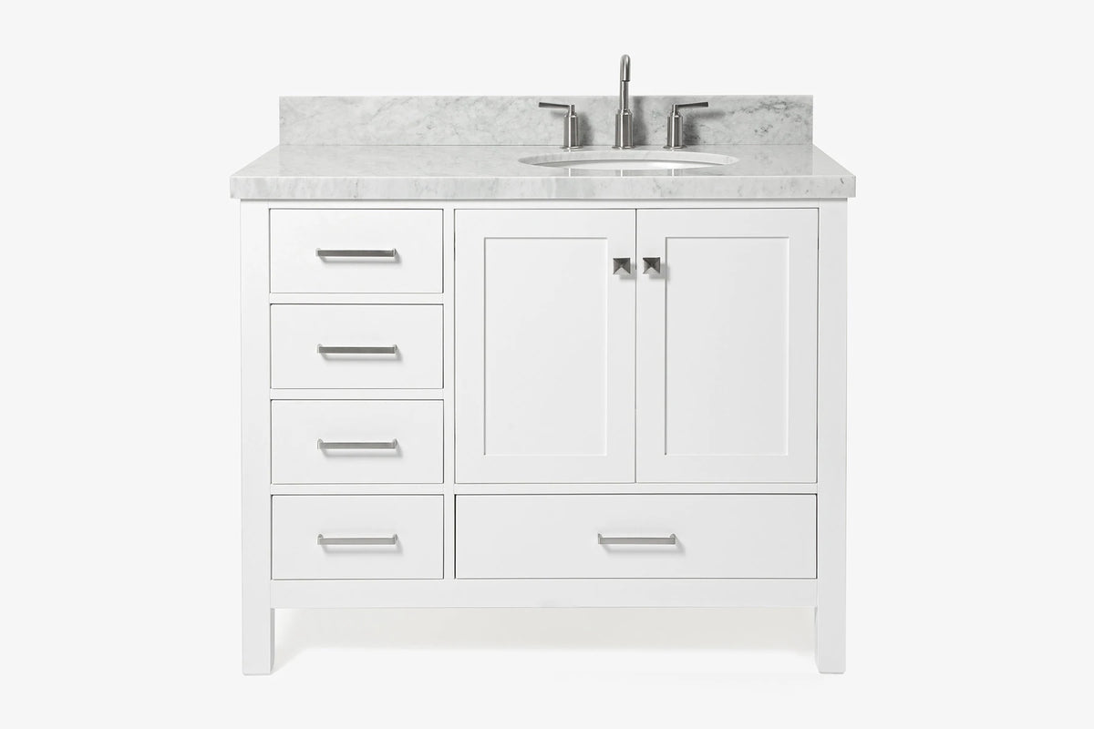 Ariel cambridge (43" & 42") right offset oval single sink vanity with marble (0.75", 1.5" & 2") countertop.