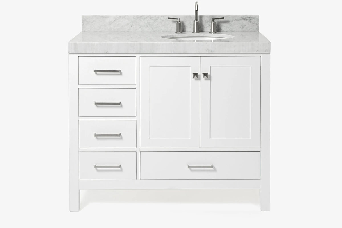 Ariel cambridge (43" & 42") right offset oval single sink vanity with marble (0.75", 1.5" & 2") countertop.