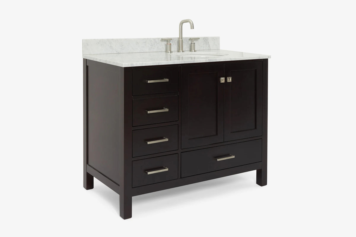 Ariel cambridge (43" & 42") right offset oval single sink vanity with marble (0.75", 1.5" & 2") countertop.