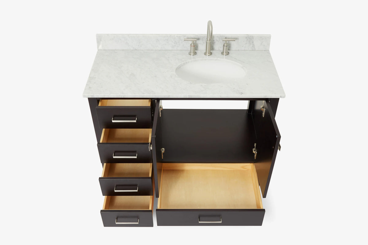 Ariel cambridge (43" & 42") right offset oval single sink vanity with marble (0.75", 1.5" & 2") countertop.