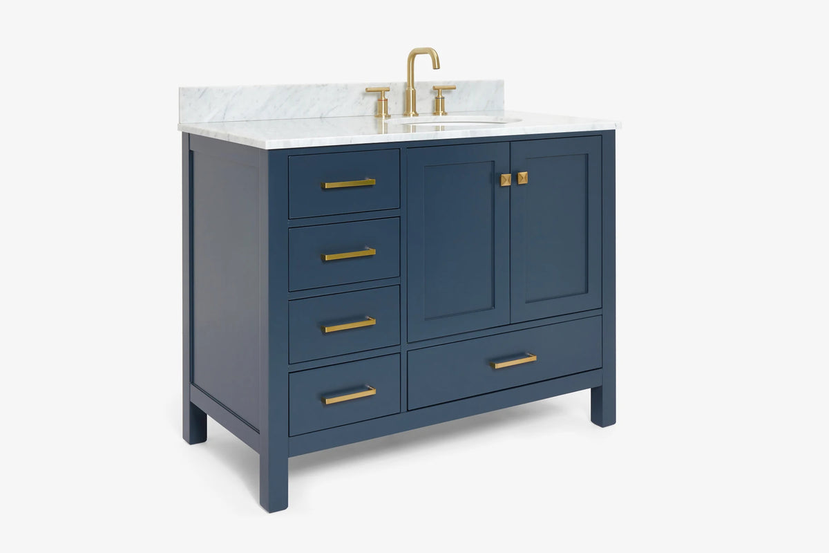 Ariel cambridge (43" & 42") right offset oval single sink vanity with marble (0.75", 1.5" & 2") countertop.
