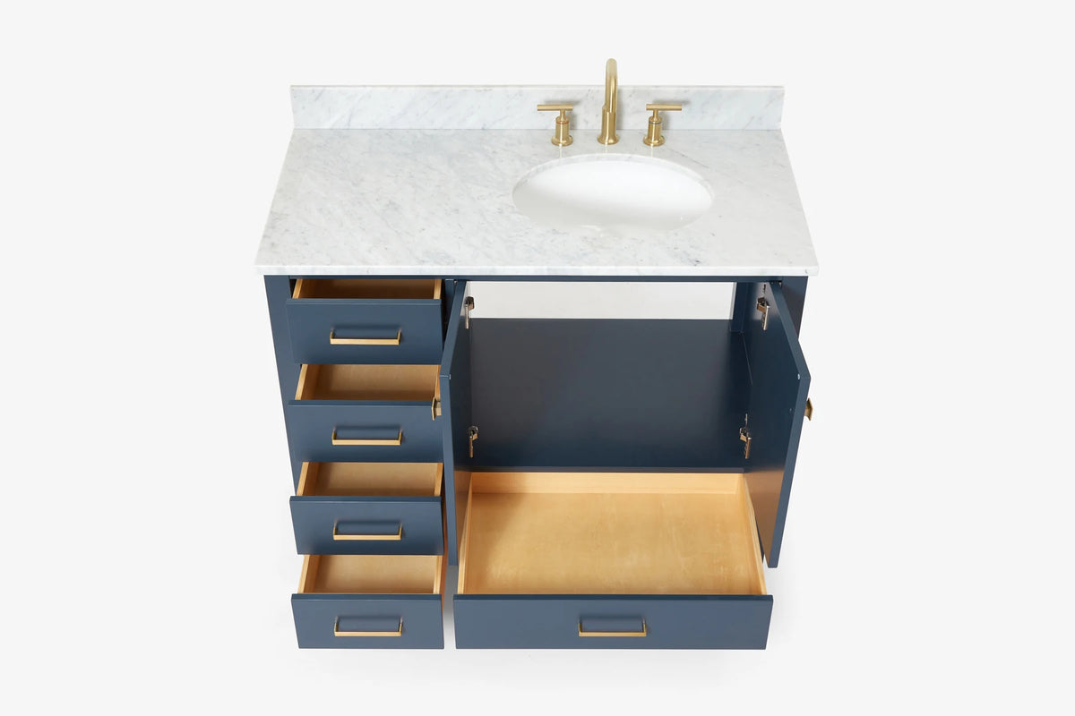 Ariel cambridge (43" & 42") right offset oval single sink vanity with marble (0.75", 1.5" & 2") countertop.