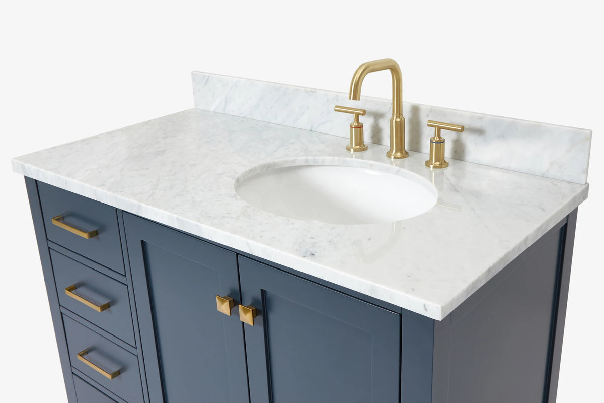 Ariel cambridge (43" & 42") right offset oval single sink vanity with marble (0.75", 1.5" & 2") countertop.