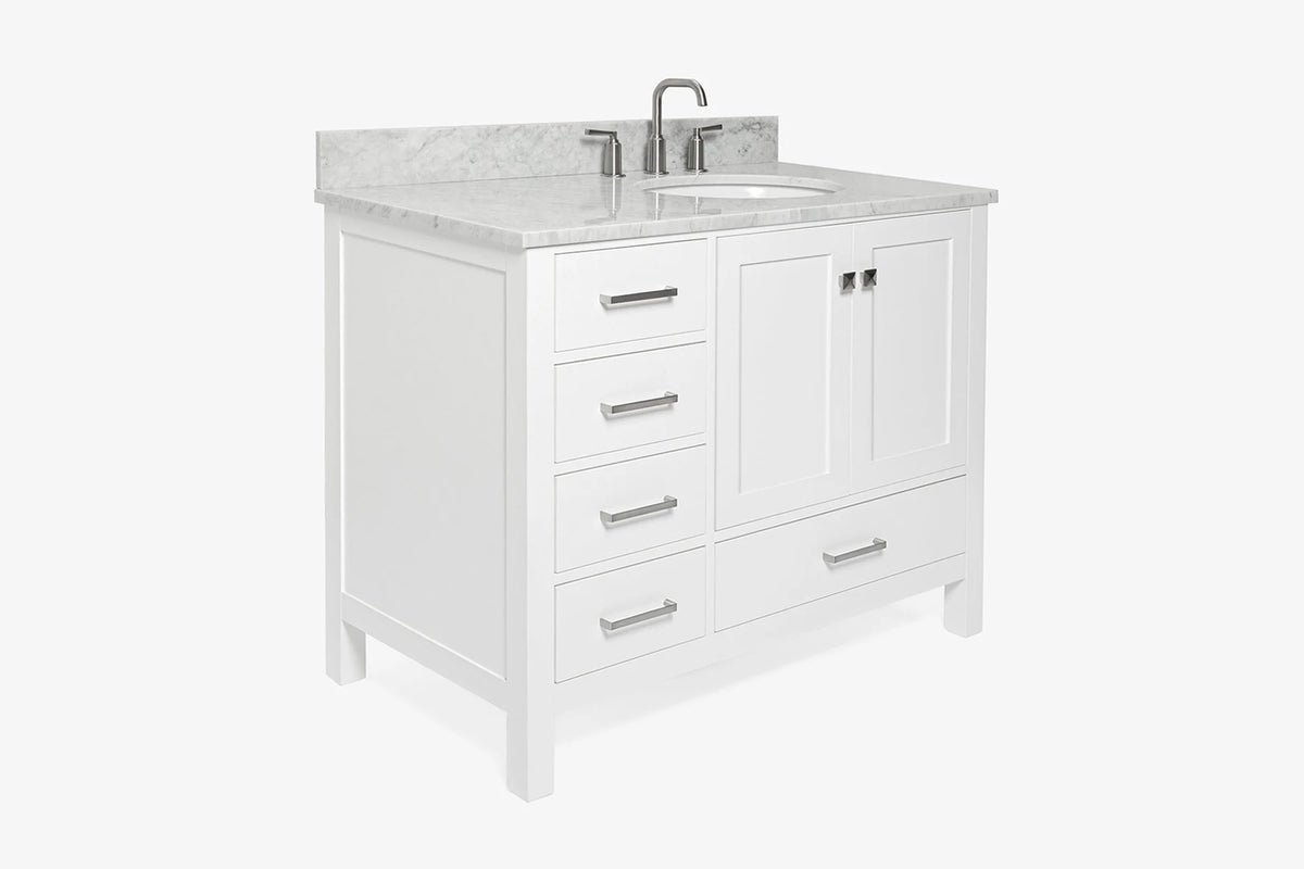 Ariel cambridge (43" & 42") right offset oval single sink vanity with marble (0.75", 1.5" & 2") countertop.