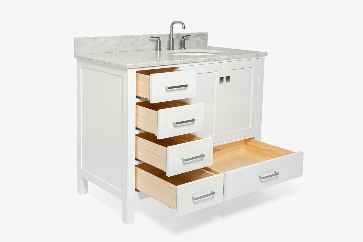 Ariel cambridge (43" & 42") right offset oval single sink vanity with marble (0.75", 1.5" & 2") countertop.