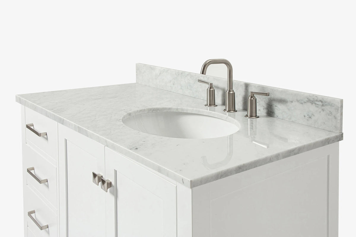 Ariel cambridge (43" & 42") right offset oval single sink vanity with marble (0.75", 1.5" & 2") countertop.