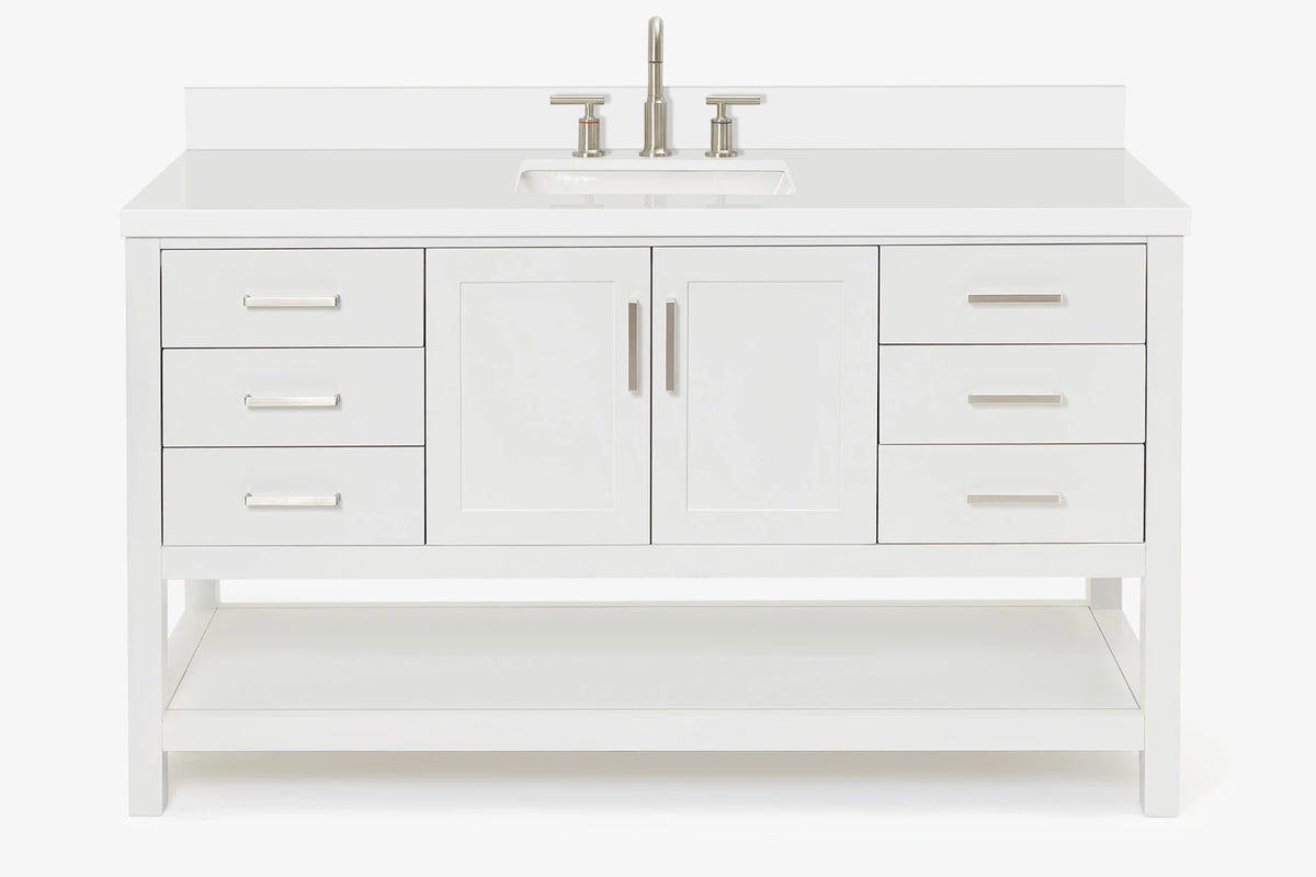 Ariel magnolia 61 in. rectangle sink vanity with 0.75 in. carrara white marble countertop in white