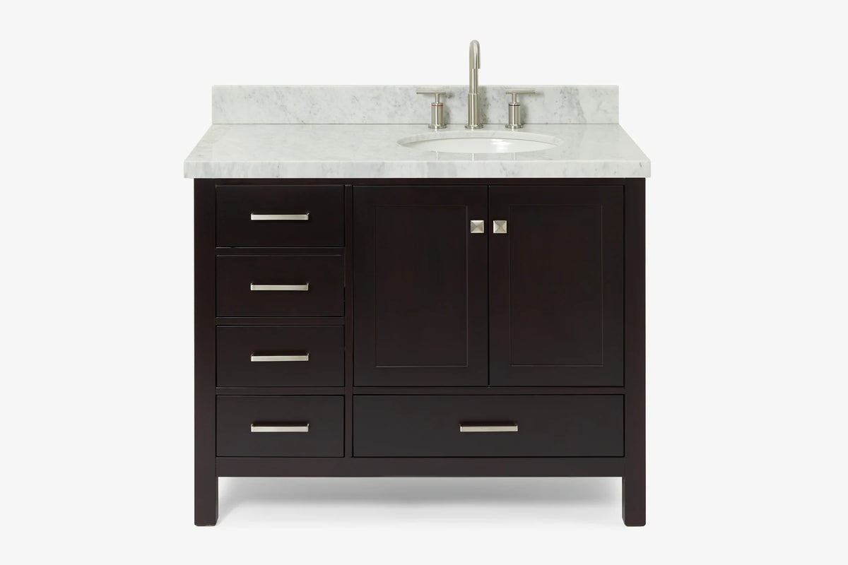 Ariel cambridge (43" & 42") right offset oval single sink vanity with marble (0.75", 1.5" & 2") countertop.