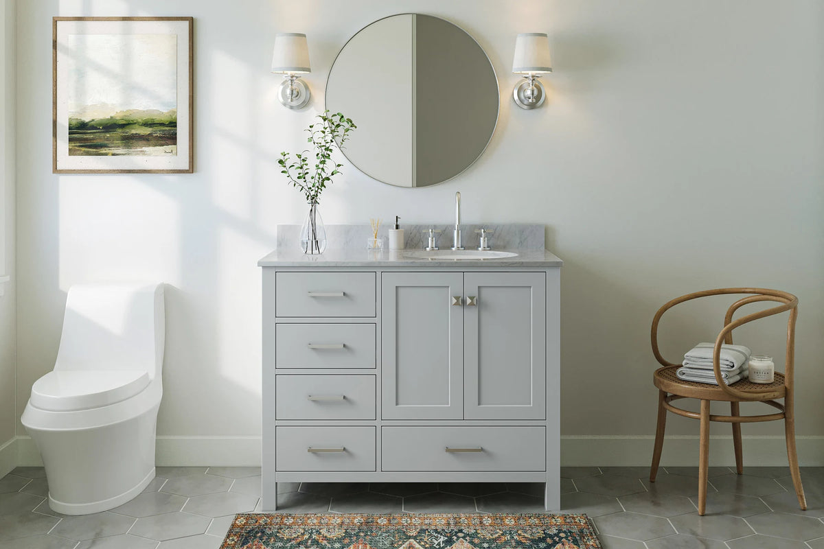 Ariel cambridge (43" & 42") right offset oval single sink vanity with marble (0.75", 1.5" & 2") countertop.