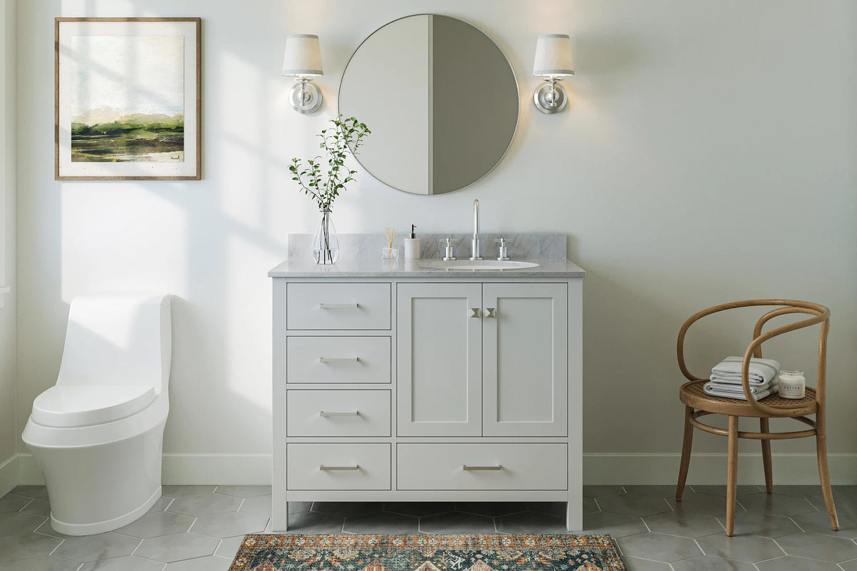 Ariel cambridge (43" & 42") right offset oval single sink vanity with marble (0.75", 1.5" & 2") countertop.