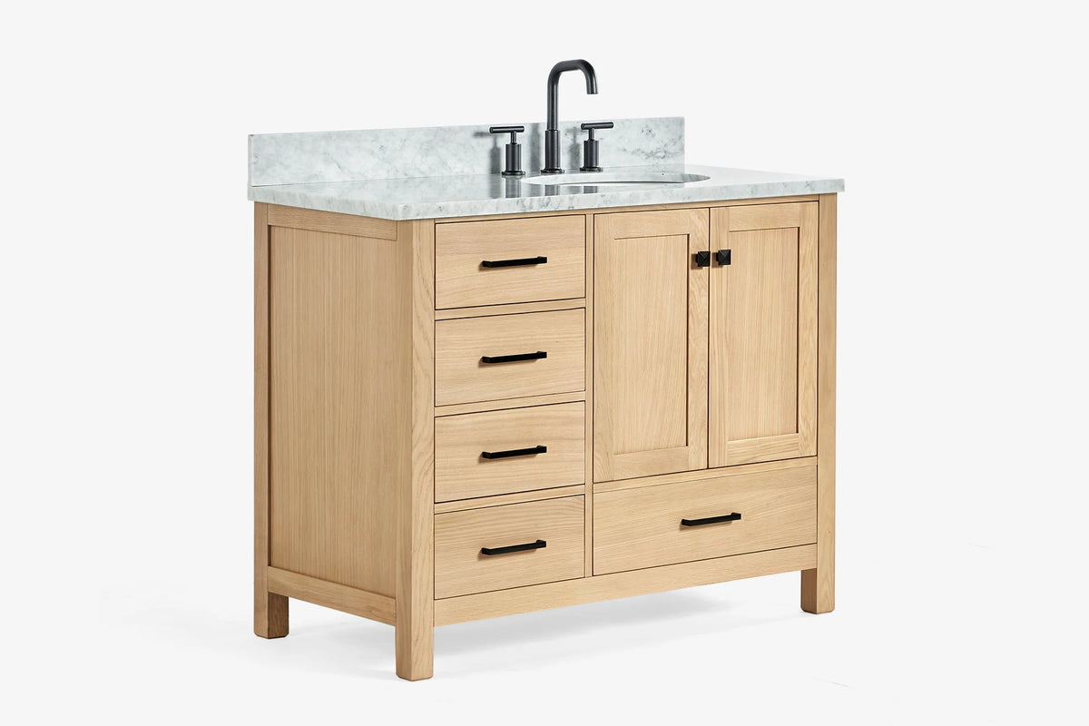 Ariel cambridge (43" & 42") right offset oval single sink vanity with marble (0.75", 1.5" & 2") countertop.