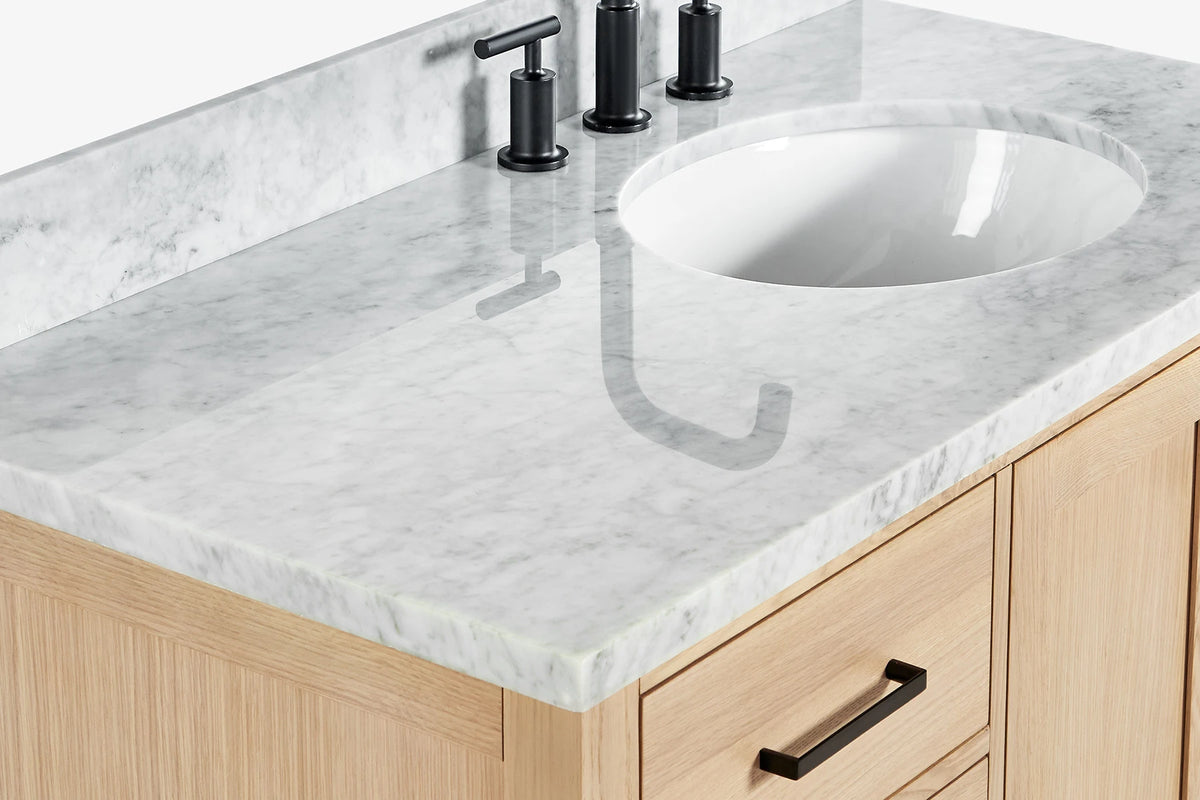 Ariel cambridge (43" & 42") right offset oval single sink vanity with marble (0.75", 1.5" & 2") countertop.