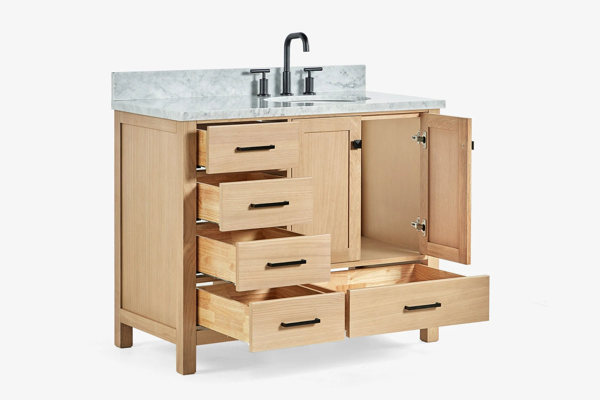 Ariel cambridge (43" & 42") right offset oval single sink vanity with marble (0.75", 1.5" & 2") countertop.