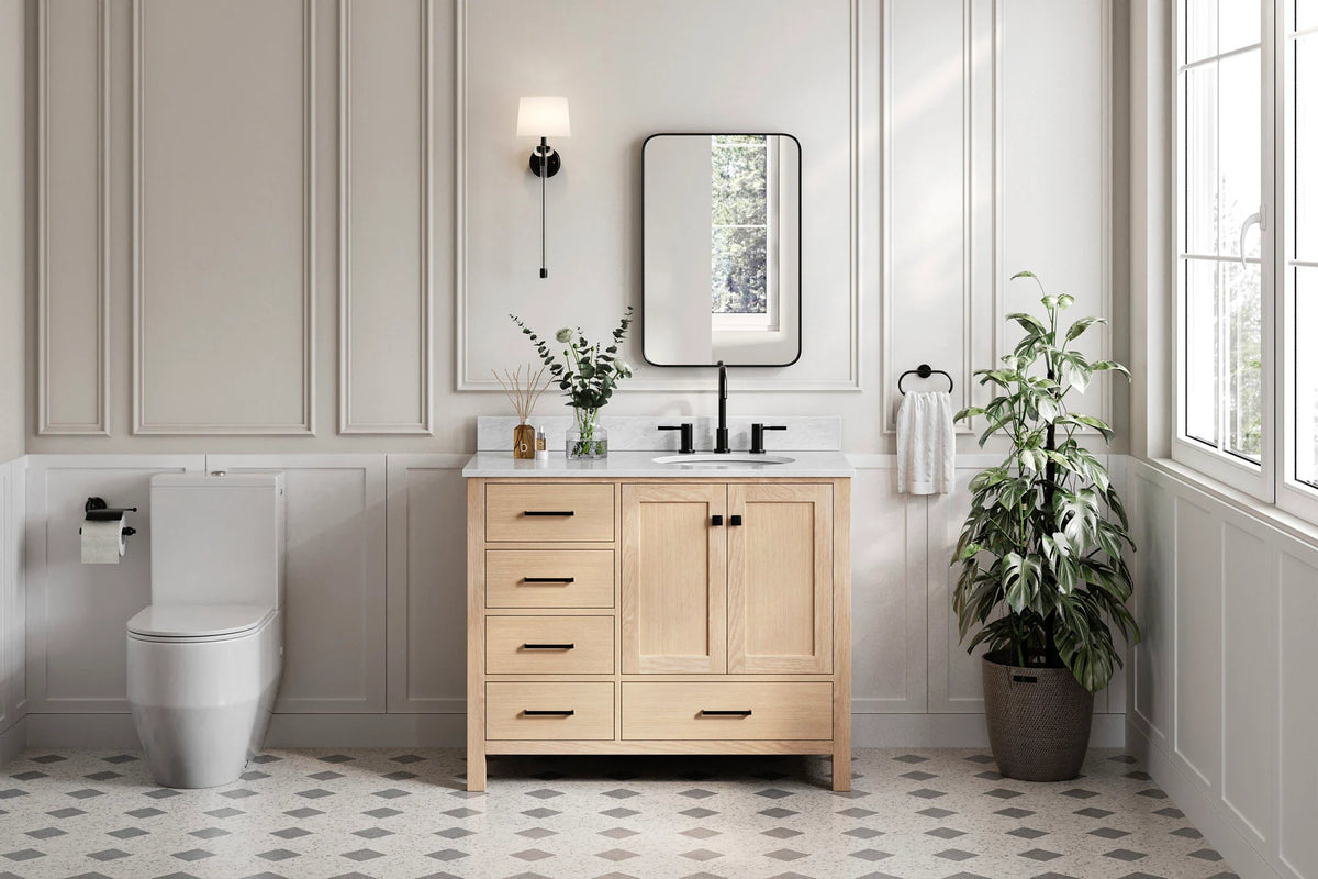 Ariel cambridge (43" & 42") right offset oval single sink vanity with marble (0.75", 1.5" & 2") countertop.