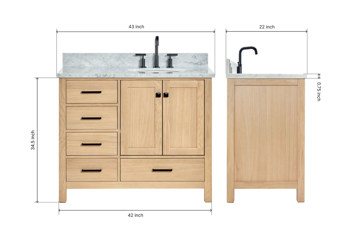 Ariel cambridge (43" & 42") right offset oval single sink vanity with marble (0.75", 1.5" & 2") countertop.