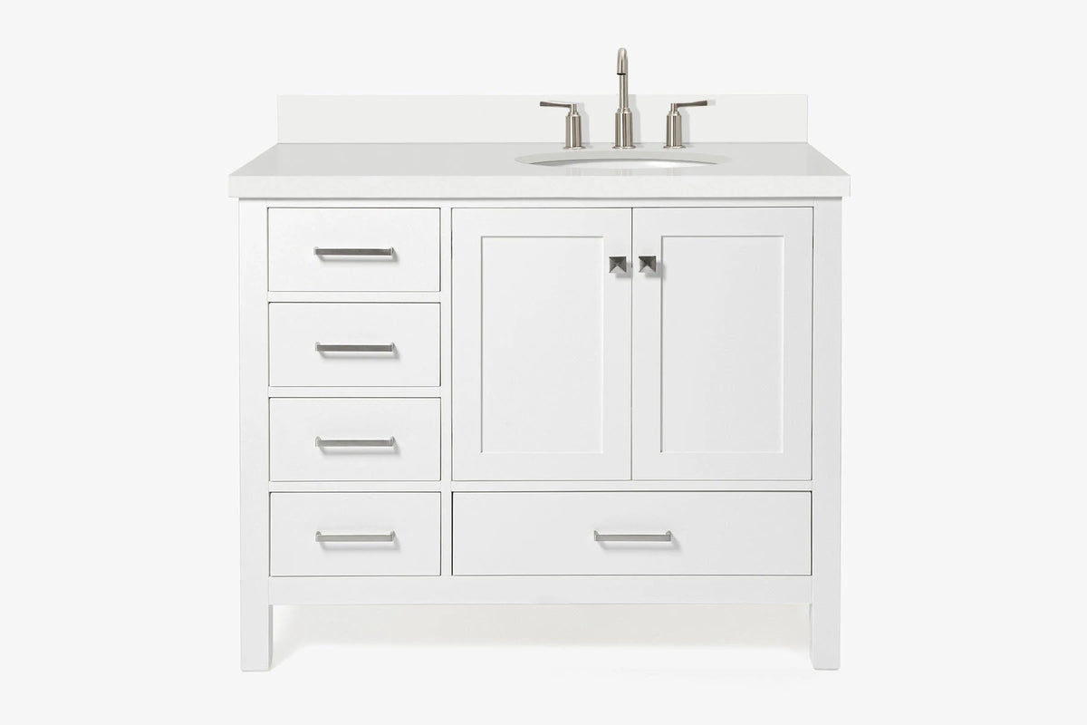 Ariel cambridge (43" & 42") right offset oval single sink vanity with marble (0.75", 1.5" & 2") countertop.