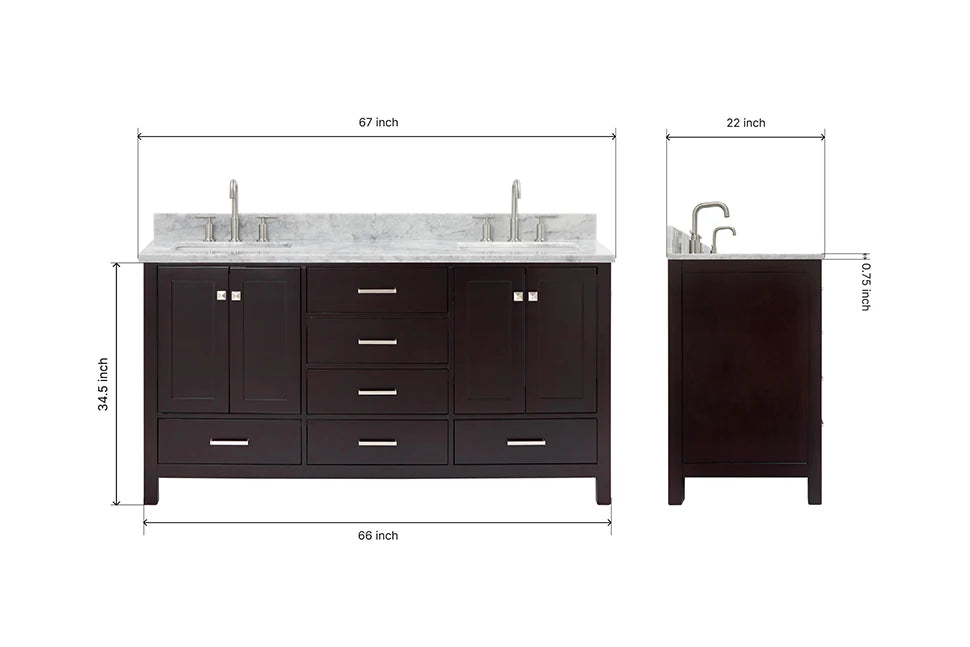 Ariel cambridge 66-67 inch double rectangle sink vanity with marble countertop with (0.75,1.5)in edge