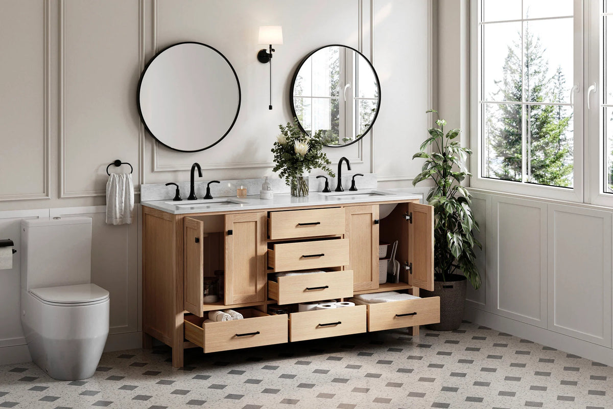 Ariel cambridge 66-67 inch double rectangle sink vanity with marble countertop with (0.75,1.5)in edge