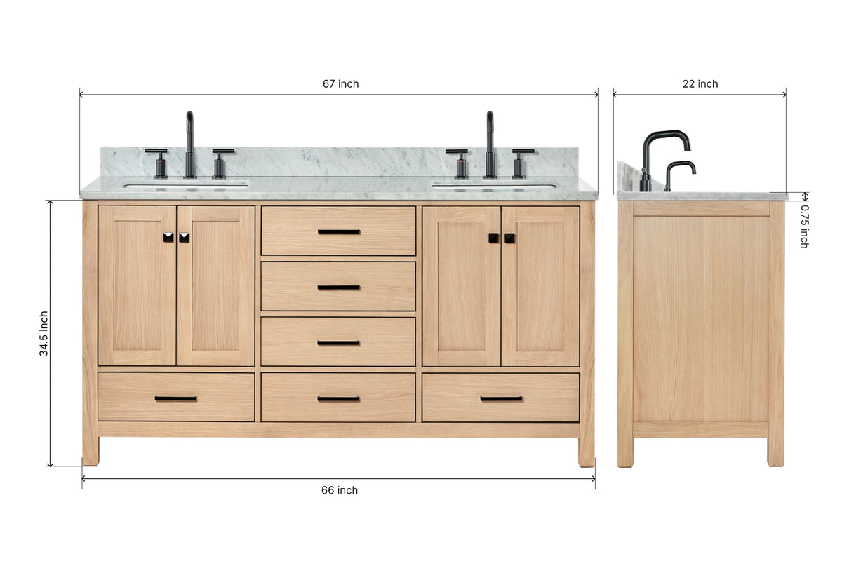 Ariel cambridge 66-67 inch double rectangle sink vanity with marble countertop with (0.75,1.5)in edge