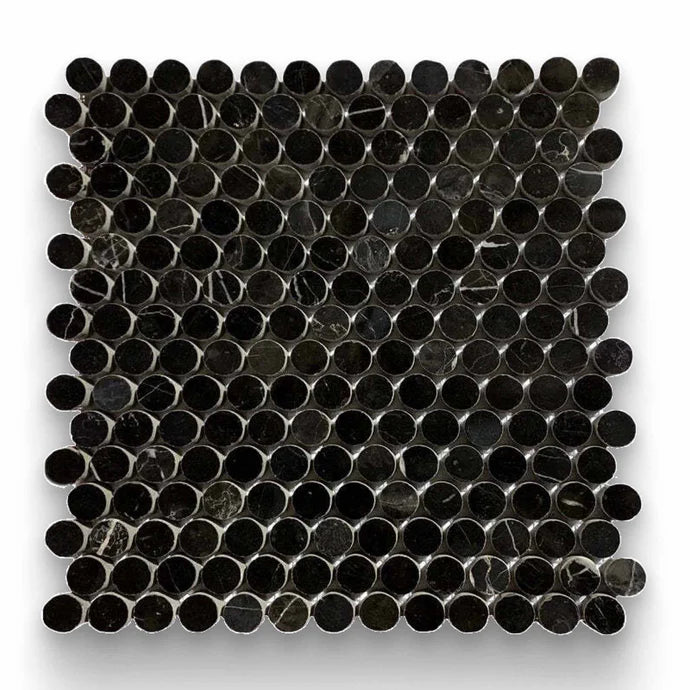 0.75x0.75 Nero Marquina Honed Penny Round Mosaic