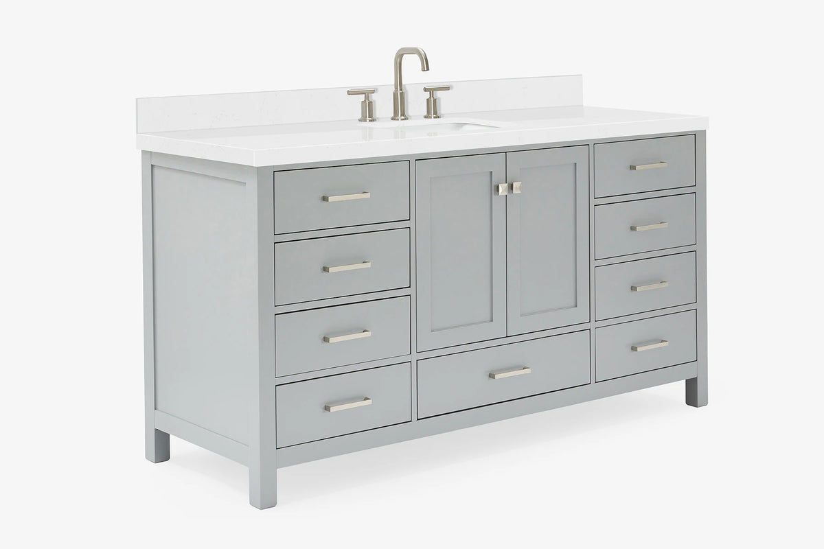 Ariel cambridge 66 inch single rectangle sink bathroom vanity with carrara white quartz countertop 1.5 edge in grey