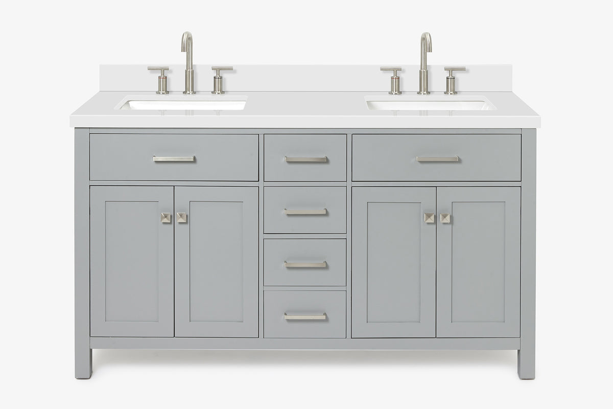 Ariel bristol 61 in. double rectangle sink vanity with 0.75 in. carrara white marble countertop in grey