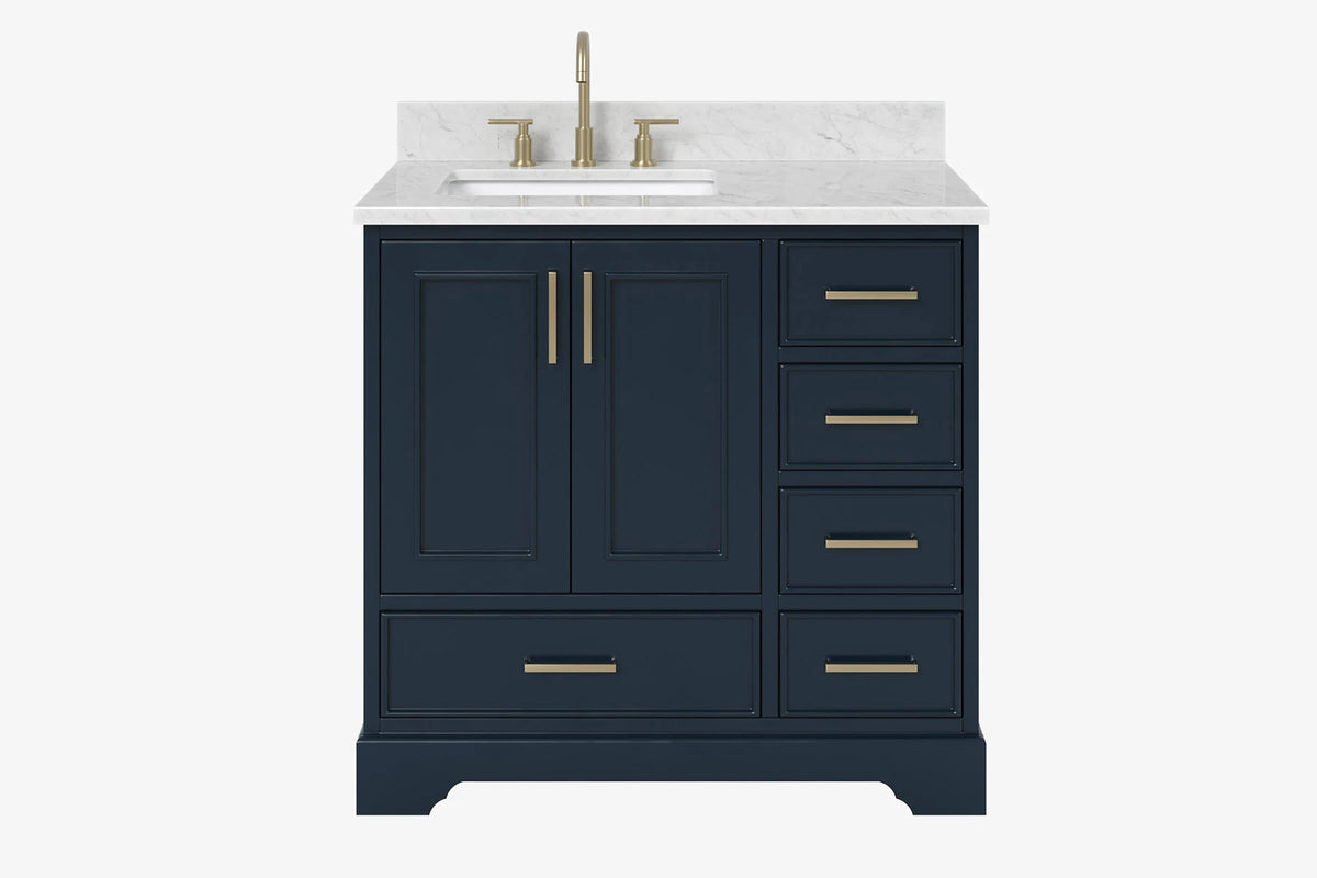Ariel stafford 37 inch single left offset rectangle sink vanity with carrara white marble countertop w/0.75" edge in midnight blue