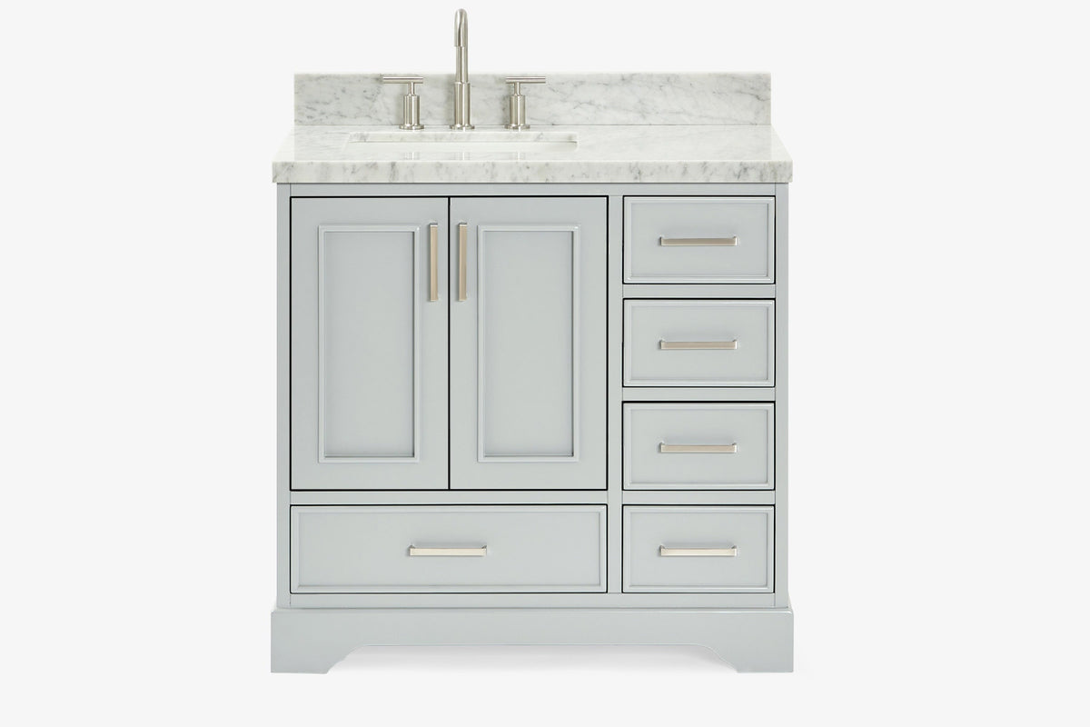 Ariel stafford 37 inch single left offset rectangle sink vanity with carrara white marble countertop w/0.75" edge in midnight blue