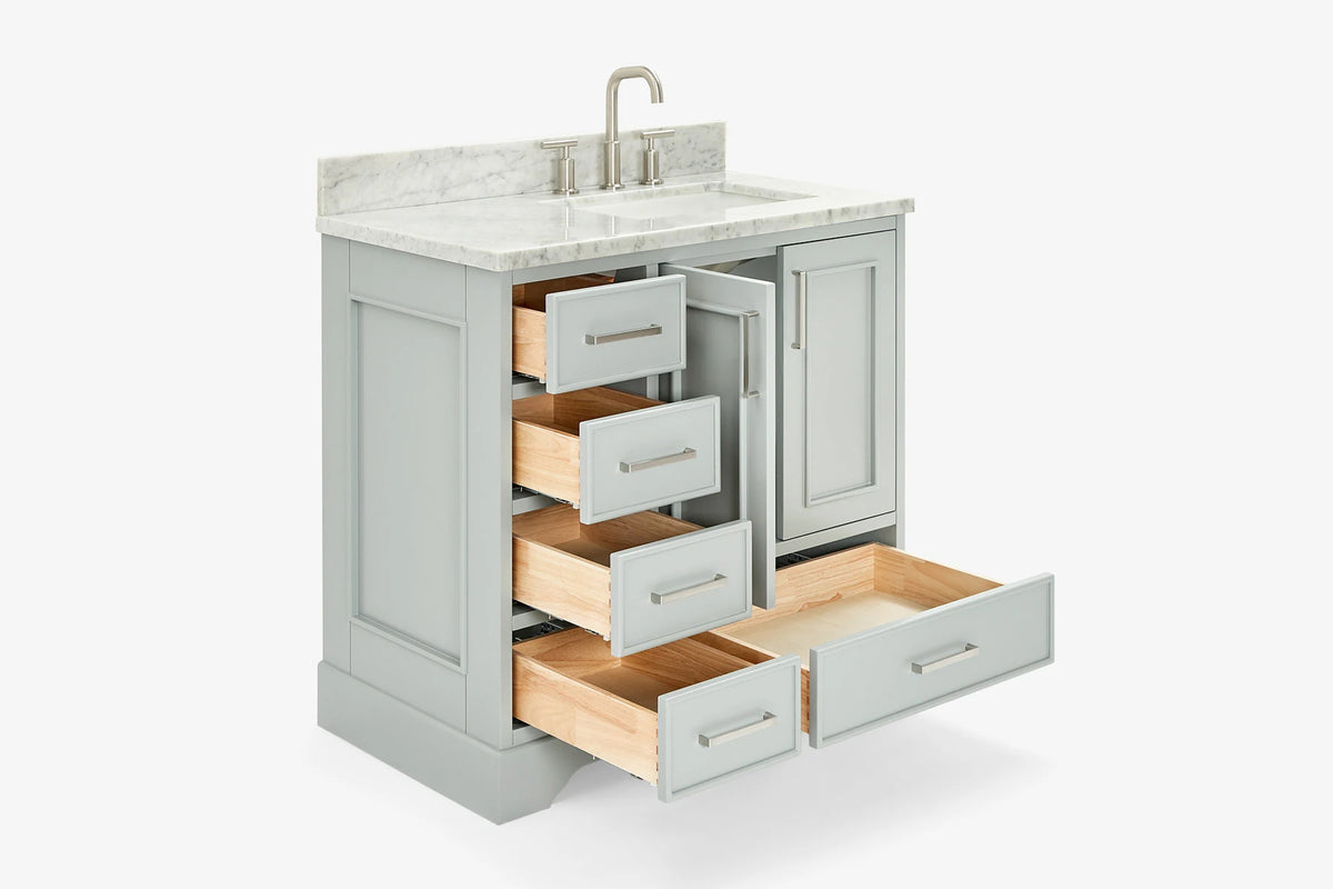 Ariel stafford 37 inch single right offset rectangle sink vanity with carrara white marble countertop w/0.75" edge in white