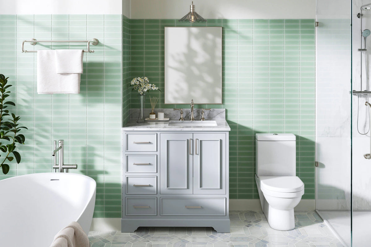 Skip to the beginning of the images gallery Ariel stafford 37 inch single right offset rectangle sink vanity with carrara white marble countertop w/0.75" edge in white
