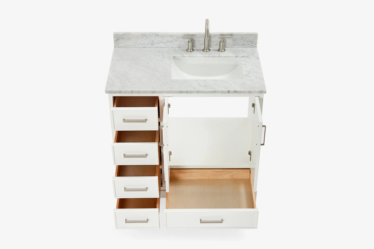 Ariel stafford 37 inch single right offset rectangle sink vanity with carrara white marble countertop w/0.75" edge in white