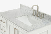Skip to the beginning of the images gallery Ariel stafford 37 inch single right offset rectangle sink vanity with carrara white marble countertop w/0.75" edge in white