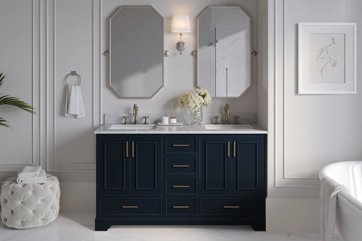 Ariel stafford 61 inch double rectangle sink vanity with carrara white marble countertop w/0.75" edge in white