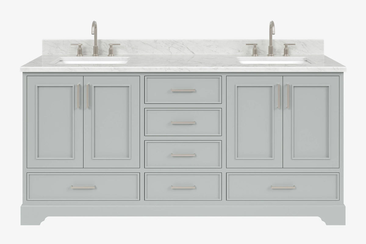 Ariel stafford 73 inch double rectangle sink vanity with carrara white marble countertop w/0.75" edge in white