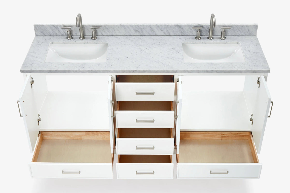 Ariel stafford 73 inch double rectangle sink vanity with carrara white marble countertop w/0.75" edge in white
