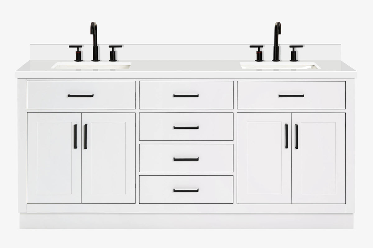 Ariel hepburn 73 in. double rectangle sink vanity with white quartz countertop in white