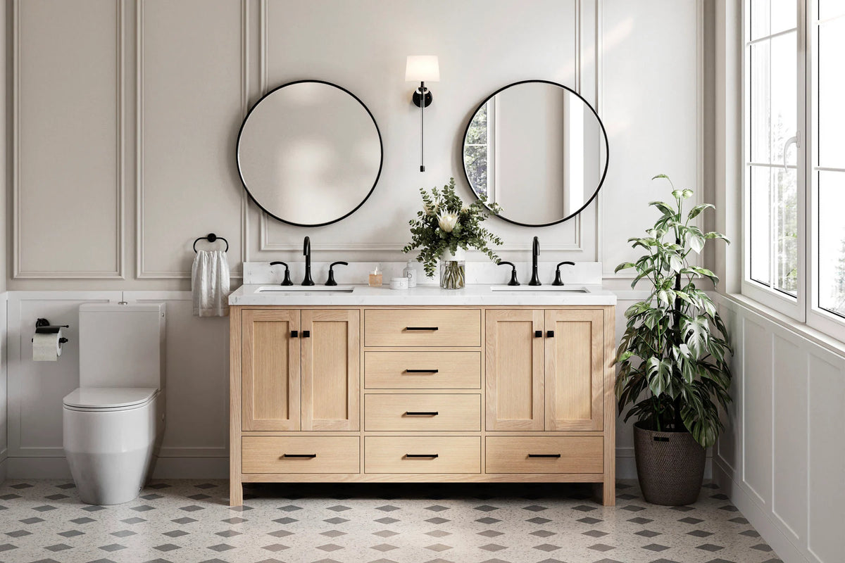 Ariel cambridge 66 inch double rectangular sink bathroom vanity with carrara white quartz countertop 1.5 inch edge in oak
