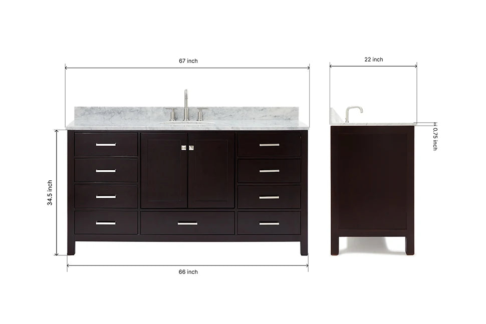 Ariel Cambridge (66" & 67") in single oval sink vanity with marble countertop (0.75" & 1.5").