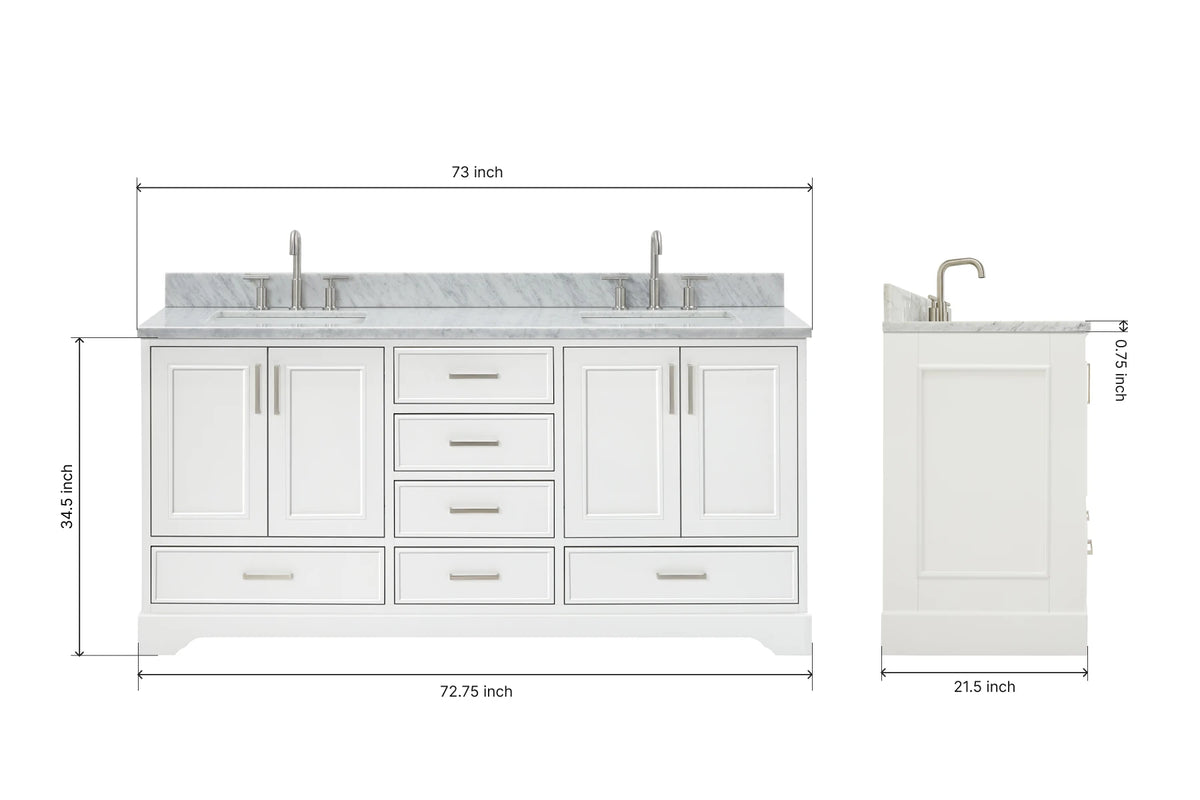 Ariel stafford 73 inch double rectangle sink vanity with carrara white marble countertop w/0.75" edge in white